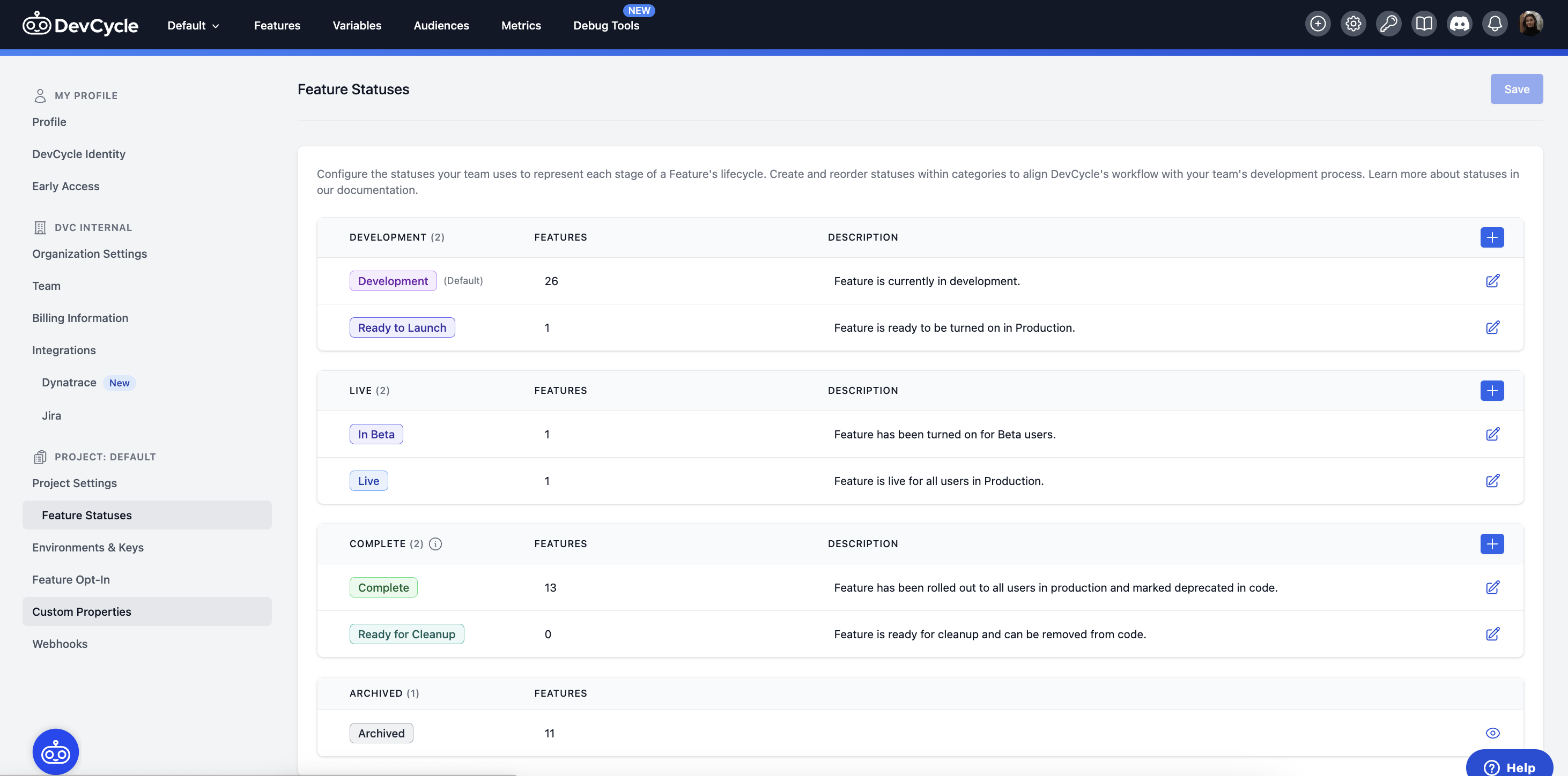 image of feature status section in project settings